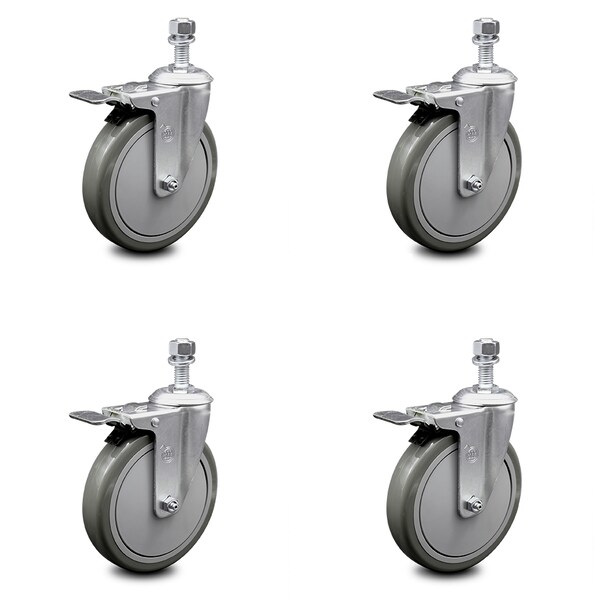 6 Inch Gray Polyurethane Swivel 12mm Stem Caster Set with Total Lock Brake
